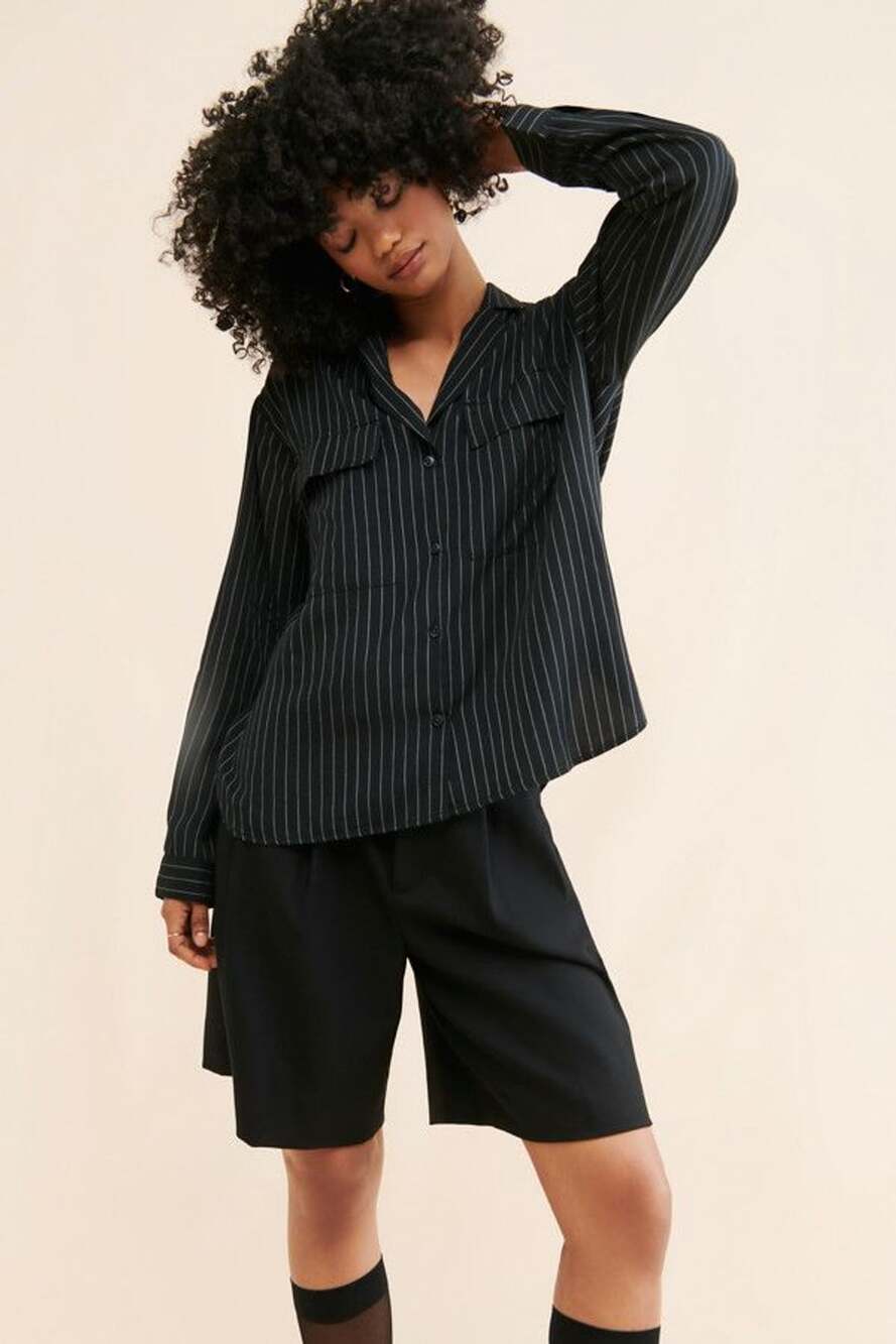 Pistola Irene Striped Button Down Shirt XS Black Pinstripe Tencel NWOT